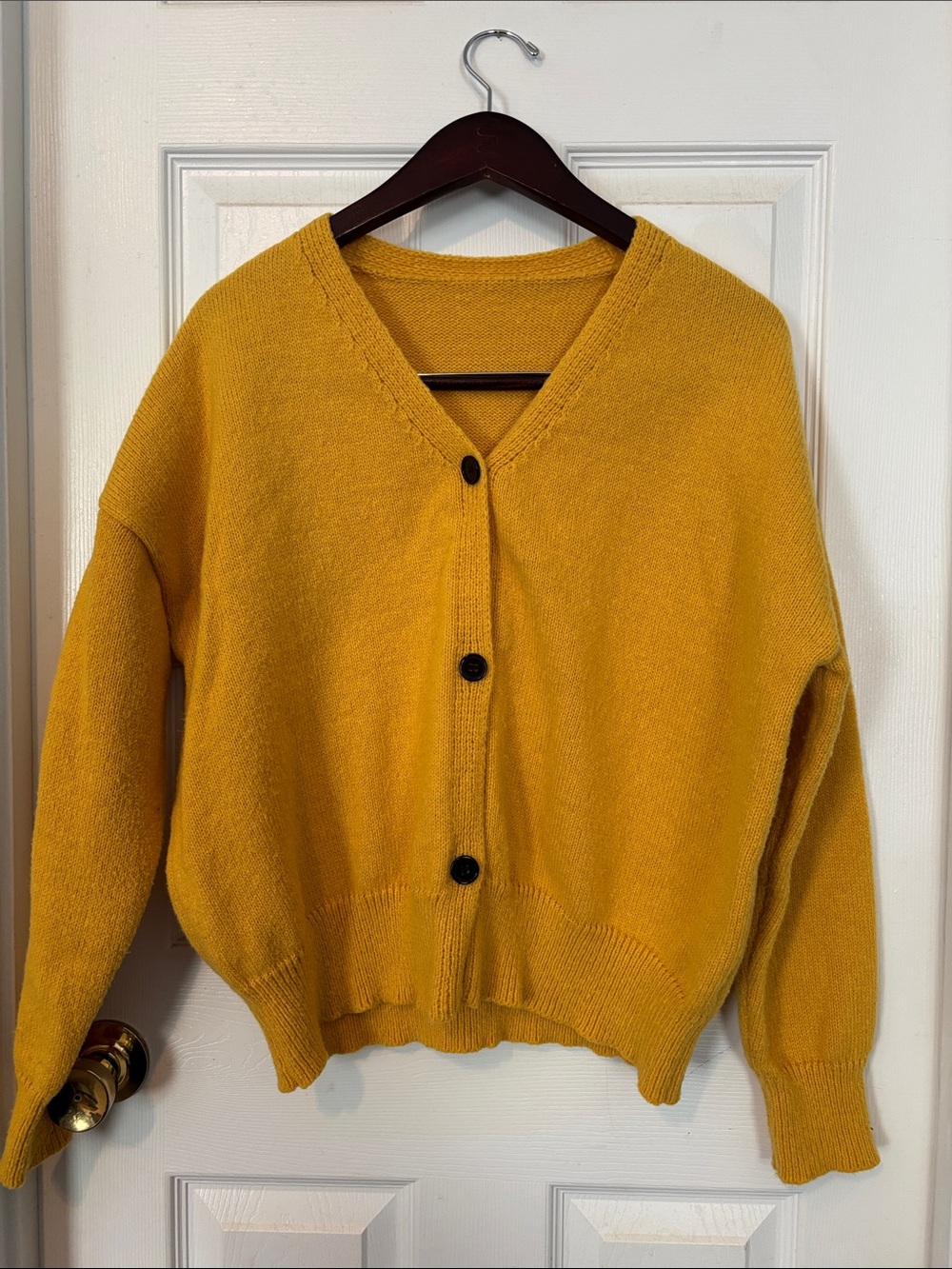 Soft & Cozy Mustard Yellow V-Neck Button Front Women's Sweater. Perfect for Fall